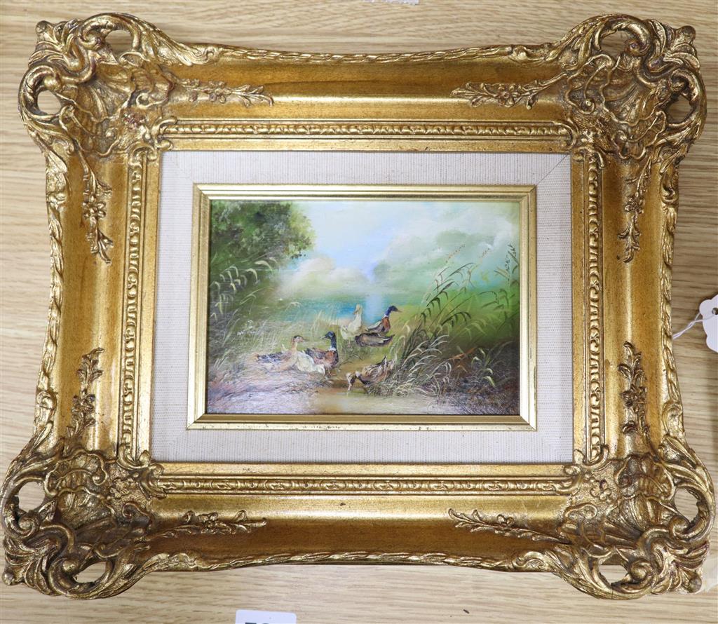 Continental School, Mallard ducks by the waters edge, oil on board, 11 x 16cm, in decorative frame